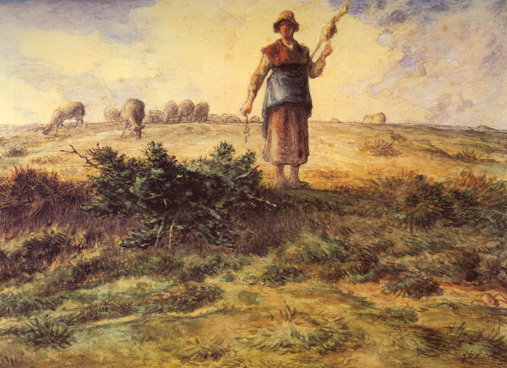 A Shepherdess and her Flock Watercolour heightened with white